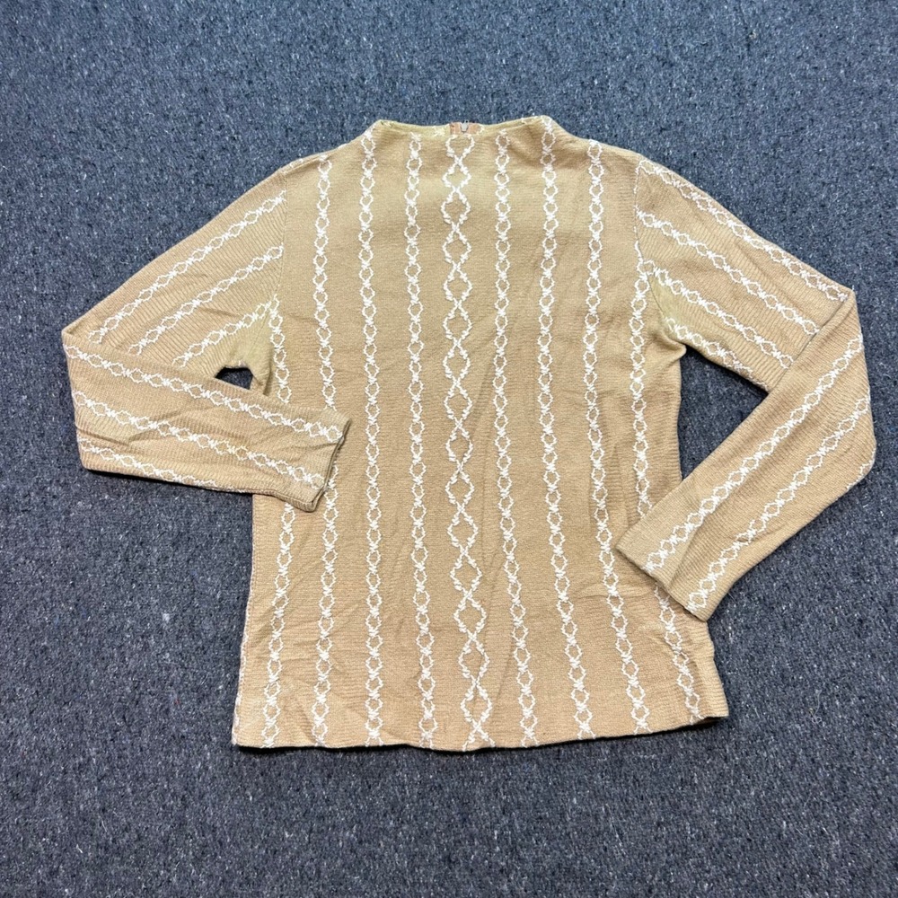 Dalton Cashmere Sweater Sz M Womens Beige Retro Embroidered Back Zip Mock Neck